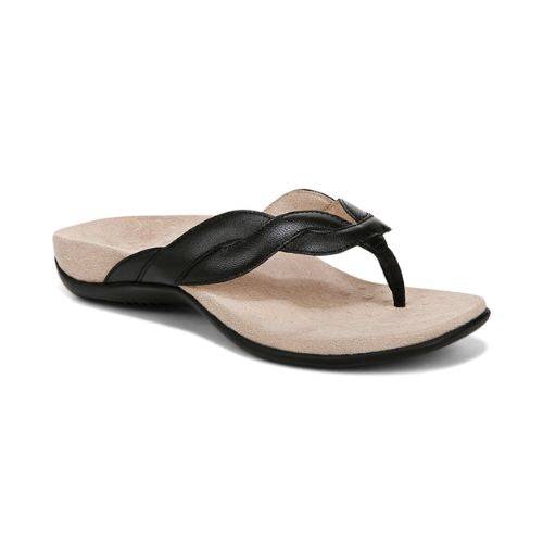 Black leather braided Toe Sandal with beige footbed and black rubber outsole.