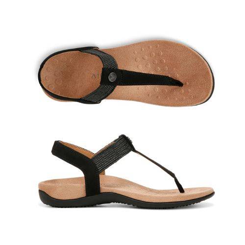 Side and top view of Women's Vionic Brea Toe Sandal showing cushioned footbed and secure backstrap for enhanced arch support and stability.