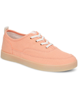 Peach casual sneaker with off-white laces and tan outsole.