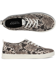Pair of Snake print casual sneakers with white laces, black Vionic logo'd footbed and white outsole.