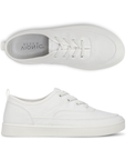 Pair of white casual sneakers with white elastic laces, white Vionic logo'd footbed and white outsole.