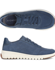 Pair of blue casual sneakers with accent stitching, Vionic logo on blue footbed, white midsole and tan outsole.