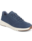 Blue casual sneaker with accent stitching, white midsole and tan outsole.