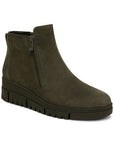 Vionic Uptown Sur Ankle Boot in olive suede with side zipper and wedge heel, waterproof and slip-on design for women’s foot health.