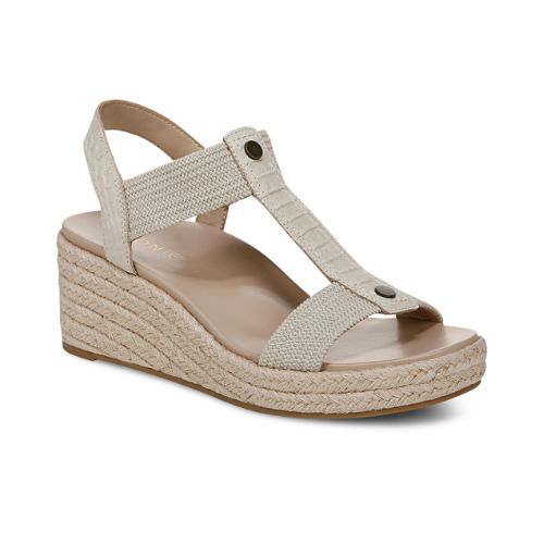 Vionic Calera Wedge Sandal in beige with a woven jute wedge heel and supportive T-strap design, ideal for stylish comfort and arch support.