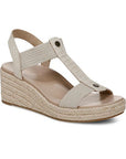 Vionic Calera Wedge Sandal in beige with a woven jute wedge heel and supportive T-strap design, ideal for stylish comfort and arch support.