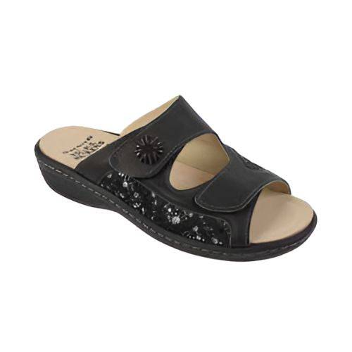 Black Slide Sandals with floral side detail, adjustable Velcro straps, and cushioned removable footbed.