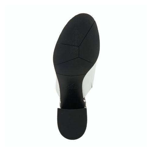 An Azura white open toe block heel with black rubber tred lines.