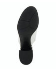 An Azura white open toe block heel with black rubber tred lines.