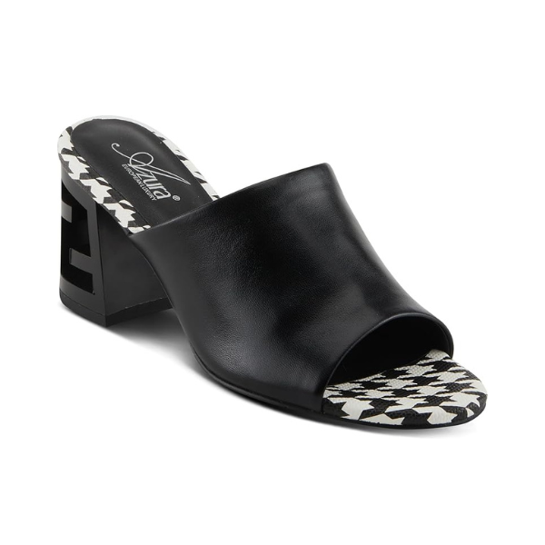 An Azura black open toe leather  block heel sandal with black and white checkered footbed.
