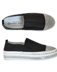 Top and side views of Bernie Mev TW187 women's slip-on loafers showcasing perforated black upper and sparkling silver toe and sole accents.
