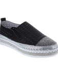 Women's Bernie Mev TW187 slip-on loafers in black with a glittery silver toe cap and memory foam insole, ideal for casual chic outfits.