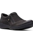 Women's Clarks Carleigh Ray slip-on shoe in dark brown leather with contrast stitching and side zipper for easy wear and casual style.