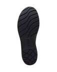 Outsole view of the Clarks Carleigh Ray slip-on shoe showing the durable, slip-resistant black rubber tread for enhanced grip.