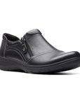Women's Clarks Carleigh Ray slip-on shoe in black leather with side zipper and cushioned sole for all-day comfort and casual wear.