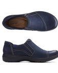 Top and side views of the navy Clarks Carleigh Ray slip-on shoe highlighting its ergonomic design and breathable insole for women.
