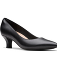 Clark's black leather pump with curved heel and pointed toe.