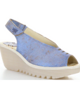 Women's FLY London Yeay Wedge Sandal in light blue leather with cream wedge heel and peep toe for a fresh summer look.
