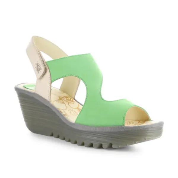 Yoxa Wedge Sandal in green with beige backstrap, featuring a 2.5-inch wedge heel, Velcro strap, and durable rubber sole.