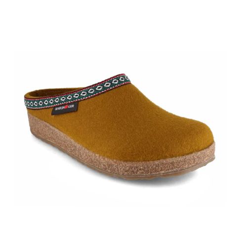 Grizzly Wool Clog in yellow with a cork midsole and brown rubber outsole.