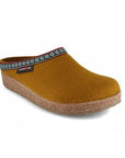 Grizzly Wool Clog in yellow with a cork midsole and brown rubber outsole.