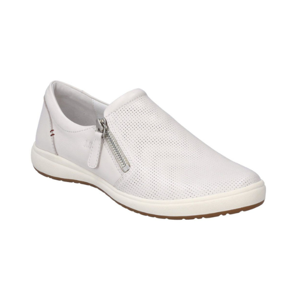 Women's Josef Seibel Caren 22 leather sneaker in white with cushioned comfort and side zipper, ideal for casual slip-on wear.