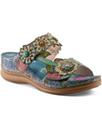 Bright blue sandal with colorful floral designs and embellishments, blue suede floral pattern footbed and brown outsole.