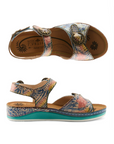 Pair of Backstrap sandals with floral pattern in blues, greens and peach tones, brass buckle details, tan L'Artiste logo footbed, teal midsole and white outsole.