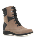 Tara mid-height boot in Taupe. Beige nubuck upper with black accents. Features black laces and a black outsole.