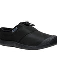 Black nylon clog with toe bumper, elastic bungee and treaded black outsole.