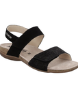 Black backstrap sandal with beige Mephisto logo'd footbed, cork midsole and brown outsole.