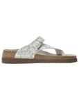 Thong Footbed Sandal in white leather with green floral print, silver buckle strap, beige Mephisto logo'd suede lined cork footbed and brown flat outsole.