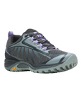 Women's Merrell Siren Edge Q2 Sneaker in grey and purple with waterproof mesh upper and rugged Vibram sole for hiking support and stability.