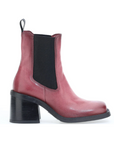 Mjus Coral color leather Chelsea boot with chunky stacked heel, black elastic side goring, square toe, and heel pull tab.