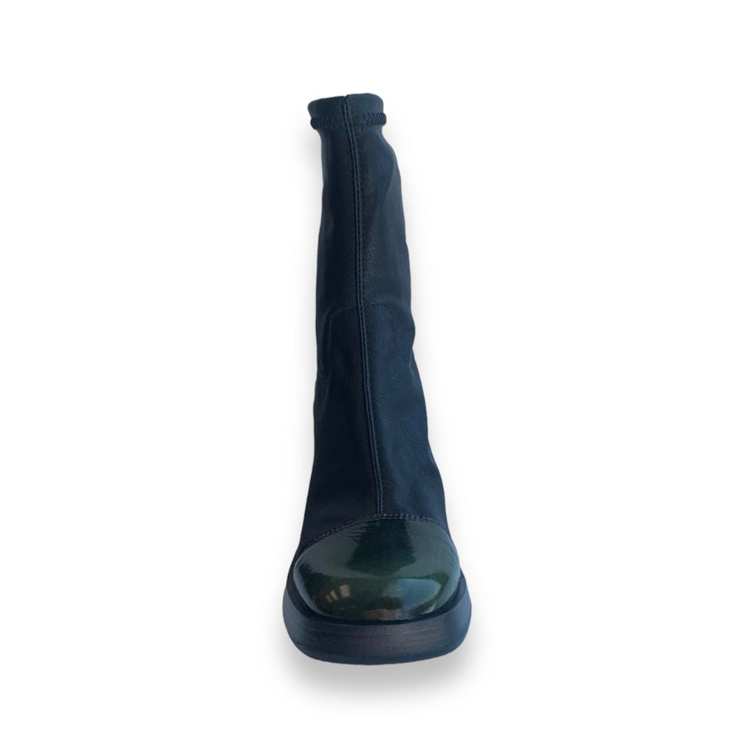 Front view of Women's Mjus Florentina heeled boot highlighting the square toe and smooth leather finish.