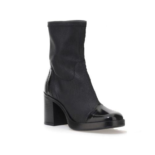 Women's Mjus Florentina leather heeled boot with square toe and chunky stacked heel in black, angled front view.