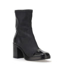Women's Mjus Florentina leather heeled boot with square toe and chunky stacked heel in black, angled front view.