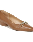 Women's Naturalizer Becca low heel pump in tan leather with gold chain detail, ideal for dressy comfort and everyday wear.