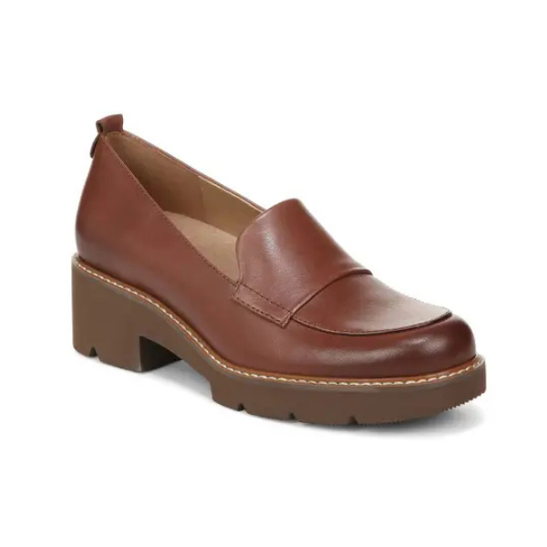 Women's Naturalizer Darry Loafer in brown leather with a cushioned insole and block heel, ideal for all-day wear.