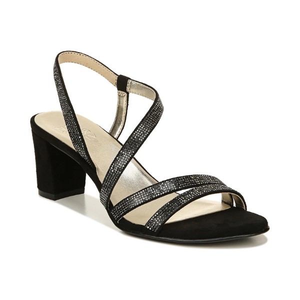 Women's Naturalizer Vanessa 2 Sling-Back Sandal in black with shimmering straps and block heel for elegant dress styling.