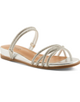 Silver sparkly slide sandal with multiple criss-crossing straps, tan Patrizia logo'd footbed and low silver wedge outsole.