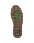 Brown treaded outsole with green fiber glass sections and Remonte logo in middle.