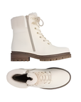 Pair of White winter ankle boots with fur cuff, gold eyelets, inside zipper and brown outsole.