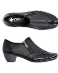 Pair of Black leather dress shoe with side zipper, patent toe accent with brogue imitation, black Rieker logo'd footbed and low block heel.
