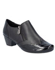 Black leather dress shoe with side zipper, patent toe accent with brogue imitation and low block heel.