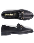 Pair of Black loafer shoes with a silver buckles.
