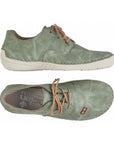 Mint green Rieker lace-up sneakers with tan laces and white soles.