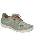 Light green Rieker laced sneakers with beige laces and decorative stitching.