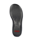 Outsole view of black Women's Rieker 60880 Backstrap Sandal showing textured grip and Rieker branding for durable traction.