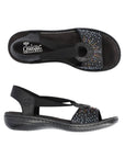Top and side view of black Women's Rieker 60880 Backstrap Sandal featuring decorative medallion and elastic straps for easy wear.